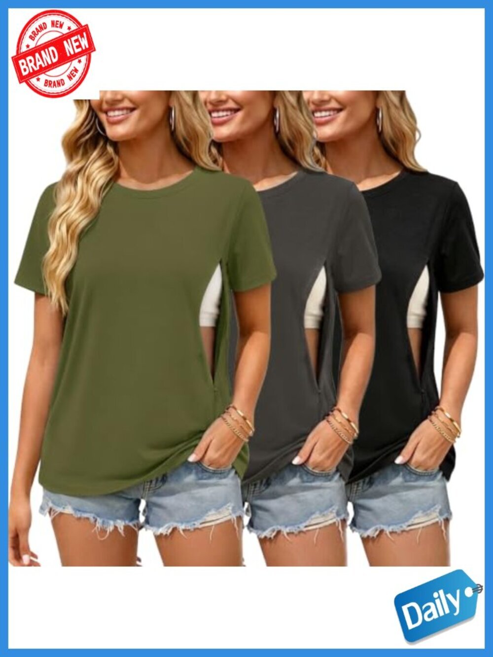 3 Pack Nursing Shirts for Breastfeeding, Hidden Zipper Cotton Tops